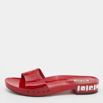 Pre Owned Miu Miu Red Patent Leather Crystal Embellished Heel Slide Sandals Size 37.5