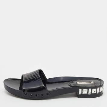Pre Owned Miu Miu Black Patent Leather Crystal Embellished Heel Slide Sandals Size 37.5
