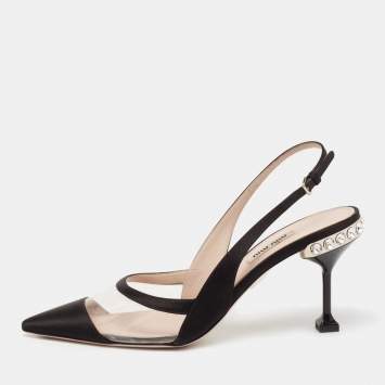 Pre Owned Miu Miu Black Satin And PVC Crystal Embellished Slingback Pumps Size 39
