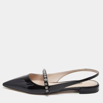 Pre Owned Miu Miu Black Patent Leather Slingback Crystal Embellished Mary Jane Flats Size 39