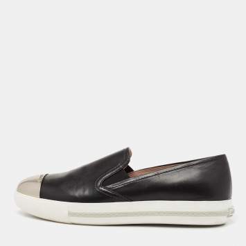 Pre Owned Miu Miu Black Leather Metal Cap Toe Platform Slip On Sneakers Size 39
