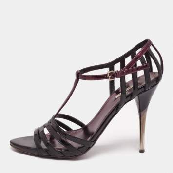 Pre Owned Miu Miu Black/Purple Patent and Leather Strappy Sandals Size 36.5
