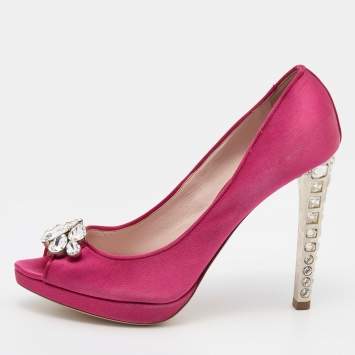 Pre Owned Miu Miu Pink Satin Jewel Embellished Peep Toe Pumps Size 41