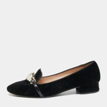 Pre Owned Miu Miu Black Velvet Crystal Embellished Slip On Loafers Size 38