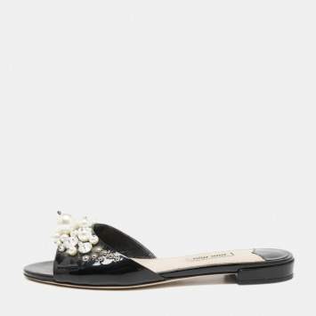 Pre Owned Miu Miu Black Patent Leather Pearl Embellished Flats Size 37