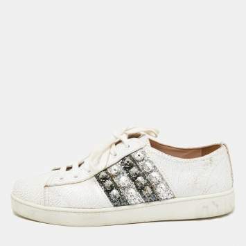 Pre Owned Miu Miu White Crackled Leather And Glitter Stripe Crystal Embellished Low Top Sneakers Size 37.5
