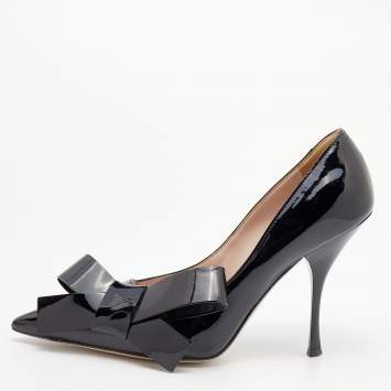 Pre Owned Miu Miu Black Patent Leather Bow Pointed Toe Pumps Size 37