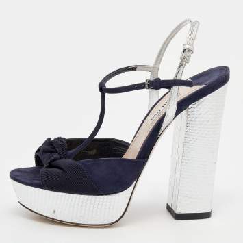 Pre Owned Miu Miu Navy Blue/Silver Suede and Snakeskin Embossed Leather T-Strap Platform Sandals Size 37