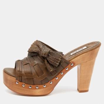 Pre Owned Miu Miu Olive Green Leather Bow Platform Slide Sandals Size 37