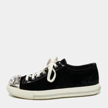 Pre Owned Miu Miu Black Patent Leather And Velvet Crystal Embellished Cap Toe Lace Up Sneakers Size 37