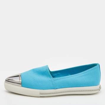 Pre Owned Miu Miu Blue Canvas Metal Cap Toe Slip On Sneakers Size 37.5