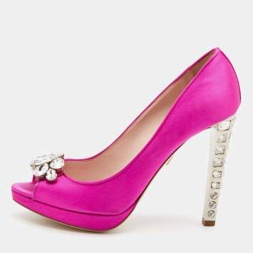 Pre Owned Miu Miu Pink Satin Embellished Peep Toe Pumps Size 37.5