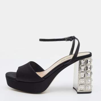 Pre Owned Miu Miu Black Satin Crystal Embellished Block Heel Ankle Strap Sandals Size 39
