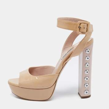 Pre Owned Miu Miu Beige Patent Crystal Embellished Block Heel Ankle Strap Sandals Size 39