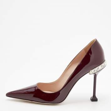 Pre Owned Miu Miu Burgundy Patent Leather Crystal Embellished Heel Pointed Toe Pumps Size 37.5