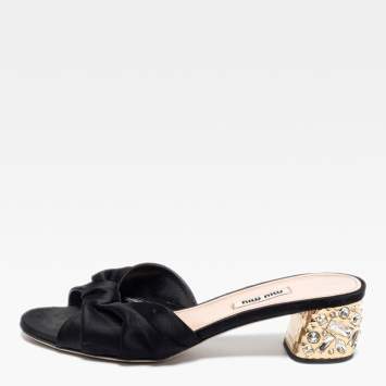 Pre Owned Miu Miu Black Satin Heel Embellished Slide Sandals Size 38.5