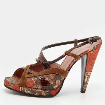 Pre Owned Miu Miu Multicolor Brocade And Python Strappy Slingback Sandals Size 39.5