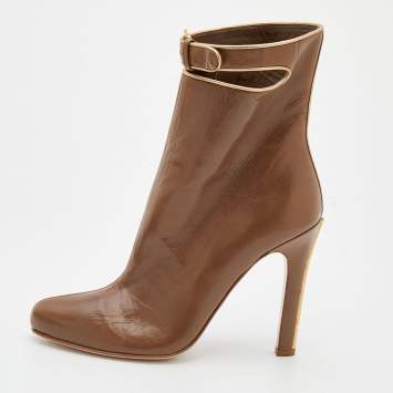 Pre Owned Miu Miu Brown Leather Buckle Detail Ankle Length Boots Size 38