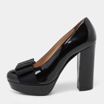 Pre Owned Miu Miu Black Patent Leather Bow Platform Pumps Size 36.5