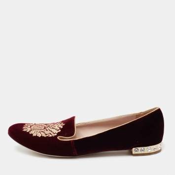 Pre Owned Miu Miu Burgundy Crest Embroidered Velvet Smoking Slippers Size 40