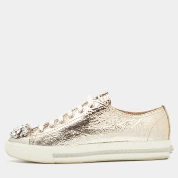 Pre Owned Miu Miu Metallic Gold Leather Crystal Embellished Metal Cap Toe Low Top Sneakers Size 37