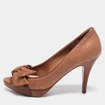 Pre Owned Miu Miu Brown Leather Bow Peep-Toe Platform Pumps Size 36