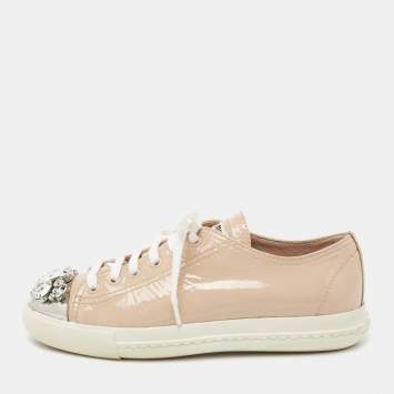 Pre Owned Miu Miu Beige Patent Leather Crystal Embellished Cap-Toe Low-Top Sneakers Size 37
