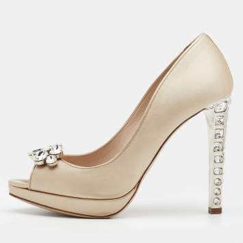 Pre Owned Miu Miu Beige Satin Embellished Peep Toe Pumps Size 38