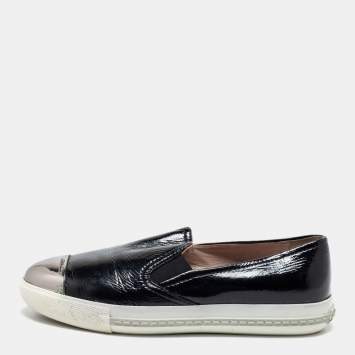 Pre Owned Miu Miu Black Patent Leather Metal Cap Toe Slip On Sneakers Size 37.5