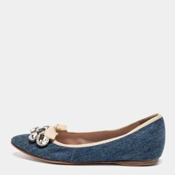 Pre Owned Miu Miu Blue Denim Crystal Embellished Bow Pointed Toe Ballet Flats Size 36