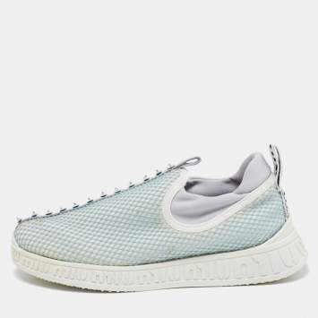Pre Owned Miu Miu Sea Green/Grey Mesh and Neoprene Crystal Embellished Slip-On Sneakers Size 37