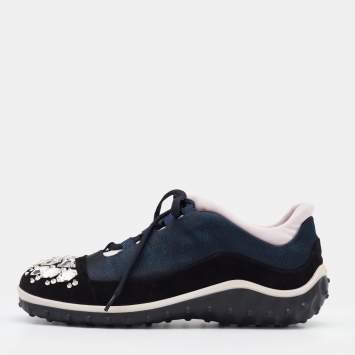 Pre Owned Miu Miu Tricolor Suede And Fabric Crystal Embellished Cap Toe Sneakers Size 39.5