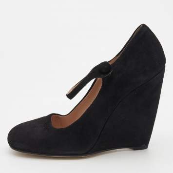 Pre Owned Miu Miu Black Suede Square Toe Mary Jane Wedge Pumps Size 38