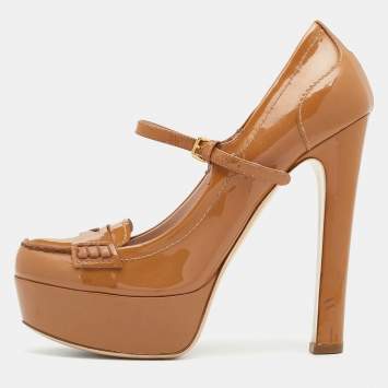 Pre Owned Miu Miu Brown Patent Leather Penny Loafer Platform Pumps Size 38.5