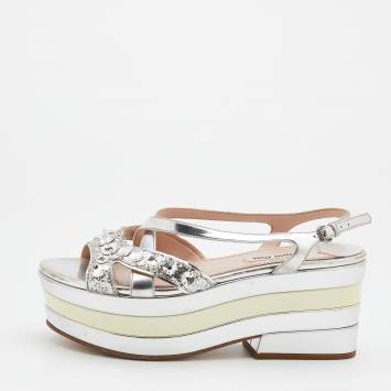 Pre Owned Miu Miu Silver Leather And Glitter Embellished Wedge Platform Slingback Sandals Size 37