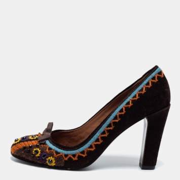 Pre Owned Miu Miu Dark Brown Suede Embroidered Round Toe Pumps Size 37.5