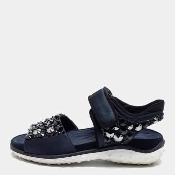 Pre Owned Miu Miu Navy Blue Satin And Fabric Crystal Embellished Ankle Strap Sandals Size 37.5