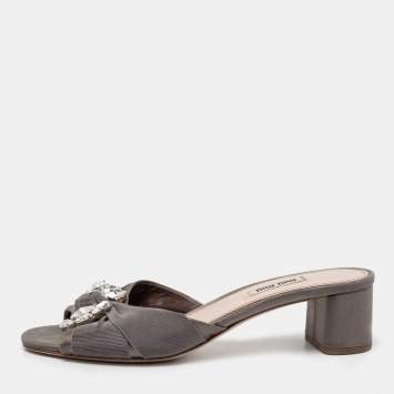 Pre Owned Miu Miu Grey Satin and Canvas Knot Crystal Embellished Slide Sandals Size 39.5