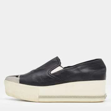 Pre Owned Miu Miu Black Leather Metal Cap Toe Platform Slip On Sneakers Size 35.5