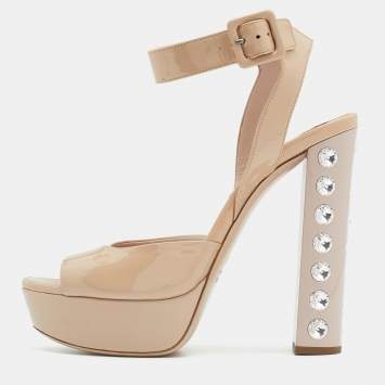 Pre Owned Miu Miu Beige Patent Leather Crystal Embellished Heel Platform Ankle Strap Sandals Size 38