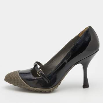 Pre Owned Miu Miu Black/Grey Patent Leather And Rubber Extended Cap Toe Mary Jane Pumps Size 35.5