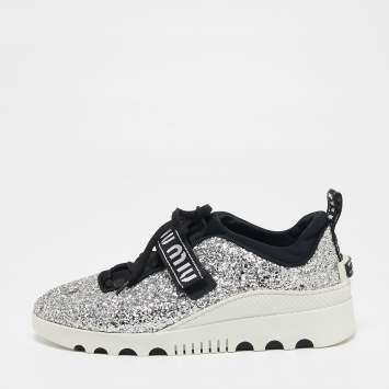 Pre Owned Miu Miu Silver/Black Glitter  Lace Up Sneakers Size 39.5