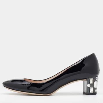 Pre Owned Miu Miu Black Patent Leather Crystal Embellished Block Heel Pumps Size 38
