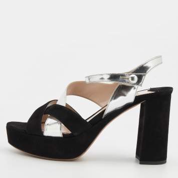 Pre Owned Miu Miu Black/Silver Suede And Leather Platform Ankle Strap Sandals Size 39