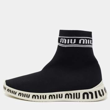 Pre Owned Miu Miu  Black Knit Fabric Hight Top Sneakers Size 38
