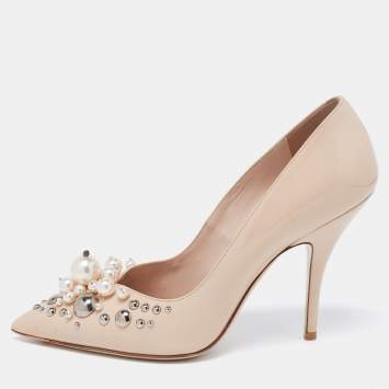 Pre Owned Miu Miu Beige Patent Leather Crystal and Pearl Embellished Pointed Toe Pumps Size 37.5