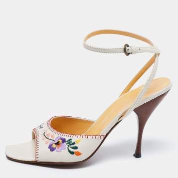 Pre Owned Miu Miu Off-White Leather Floral Embroidery Ankle Strap Sandals Size 39