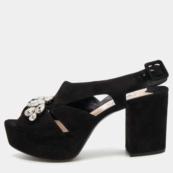 Pre Owned Miu Miu Black Suede Crystal Embellished Block Heel Platform Sandals Size 37.5