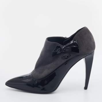 Pre Owned Miu Miu Grey/Black Patent Leather and Suede Bow Ankle Booties Size 38