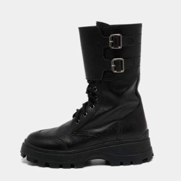 Pre Owned Miu Miu Black Leather Military Combat Buckle Boots Size 40